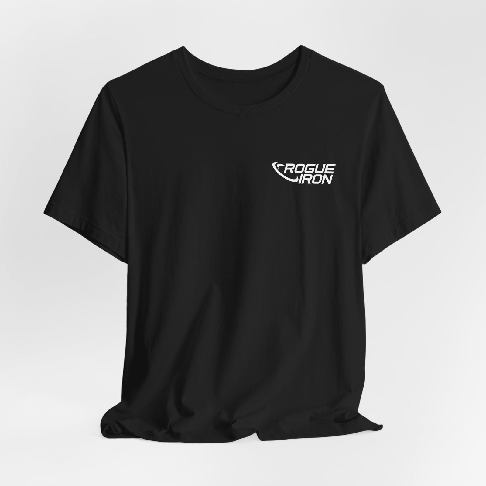 Rogue Iron logo disc golf T-shirt product mockup, view 14