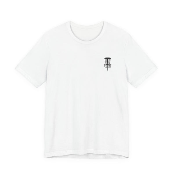 Rogue Iron disc golf basket T-shirt product mockup, view 1