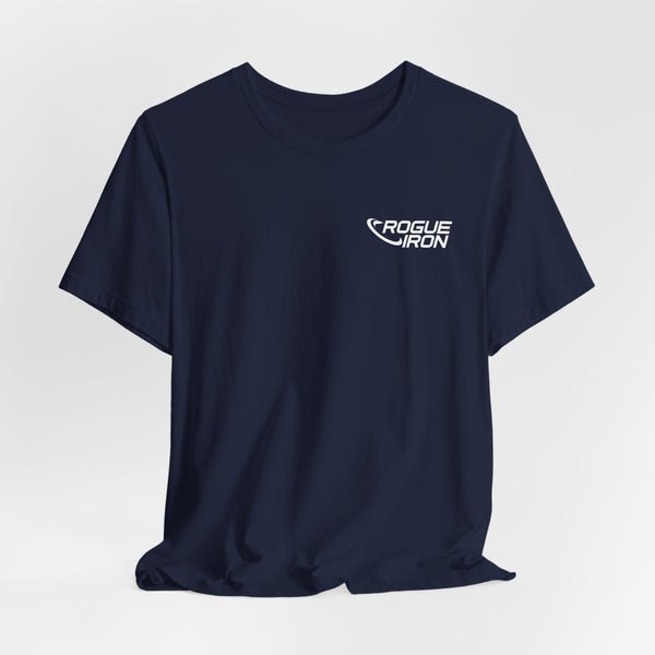 Rogue Iron logo disc golf T-shirt product mockup, view 1