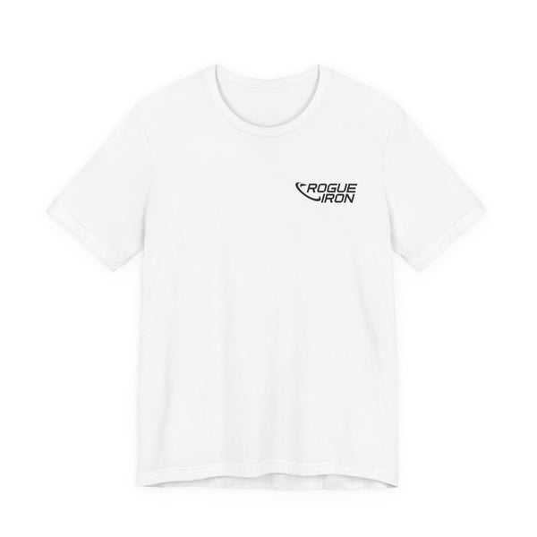 Rogue Iron logo disc golf T-shirt product mockup, view 1