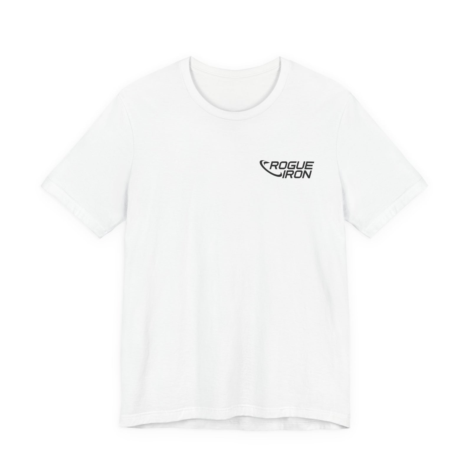 Rogue Iron logo disc golf T-shirt product mockup, view 1