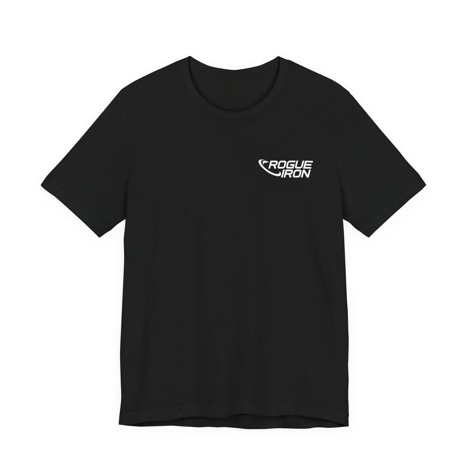 Rogue Iron logo disc golf T-shirt product mockup, view 3