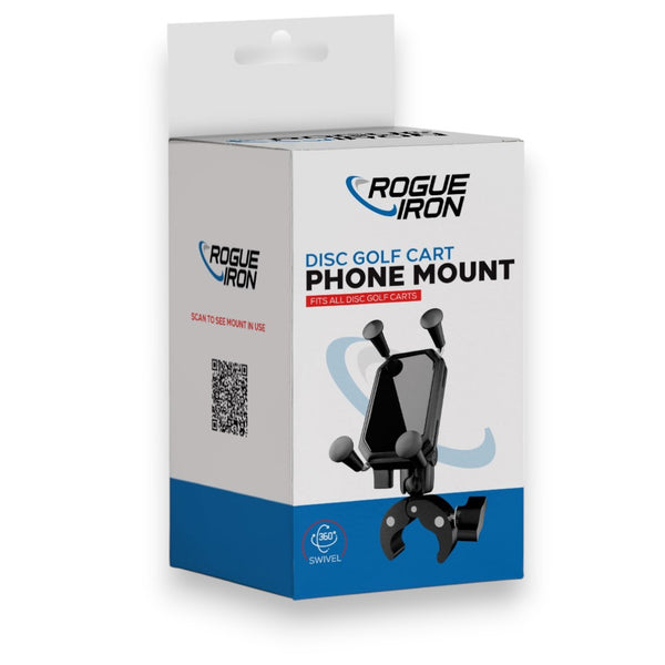Rogue Iron 360-degree disc golf cart phone mount and packaging