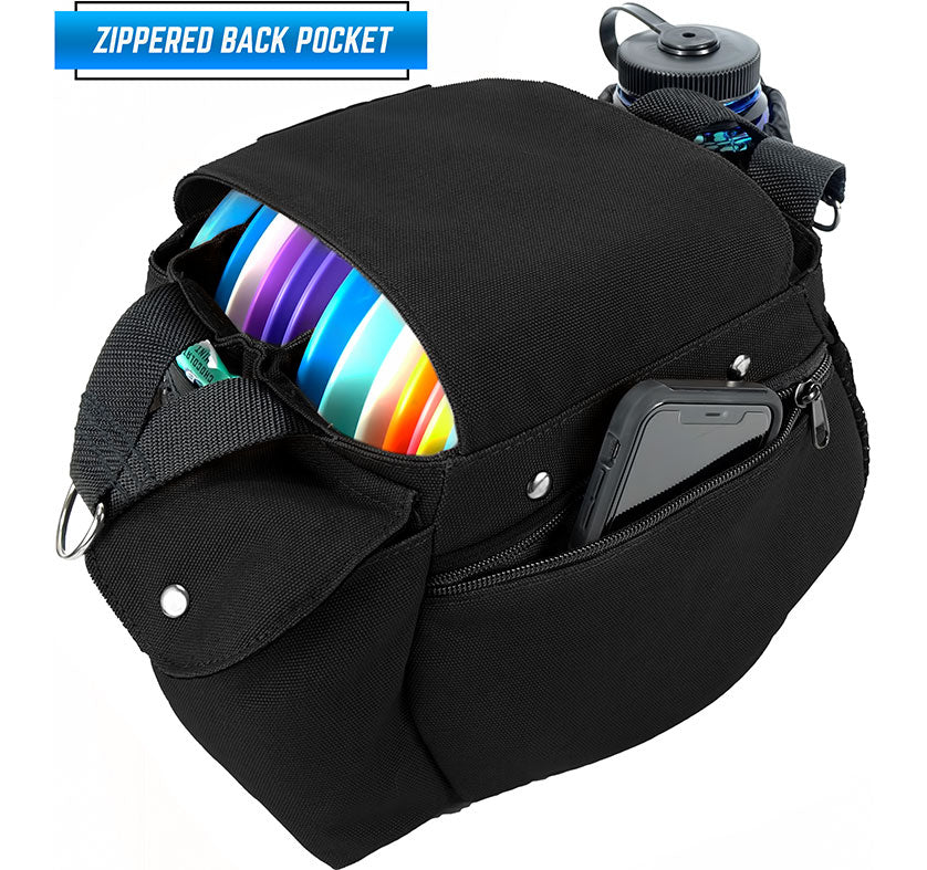 Black disc golf Sling Bag storage view