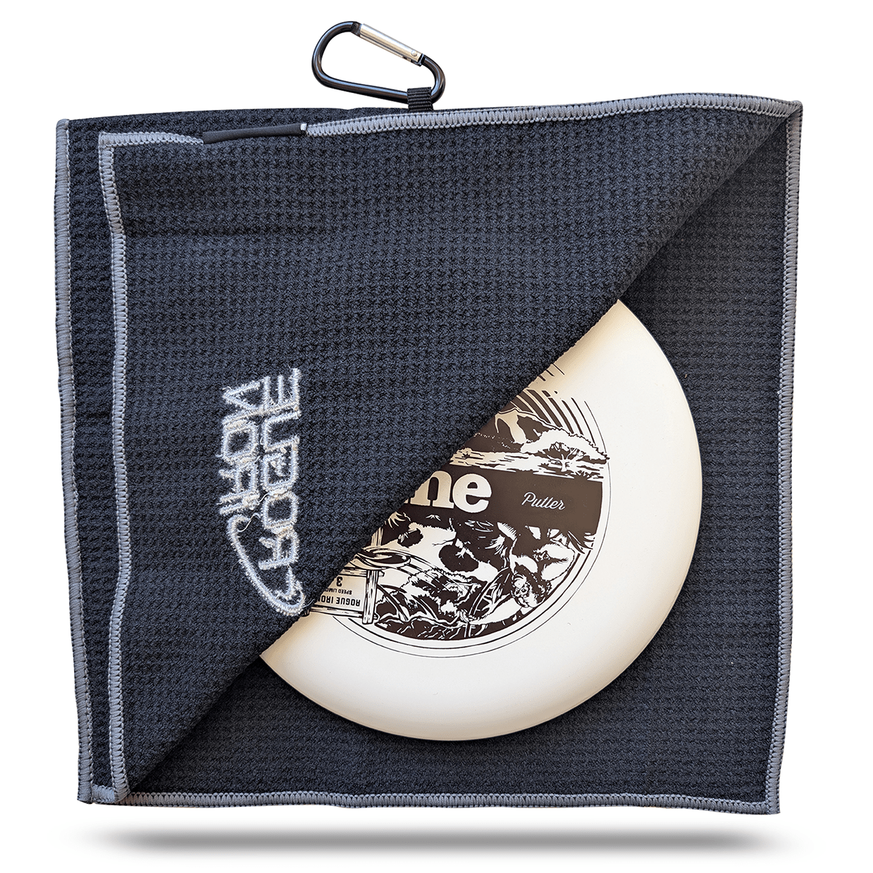 Black magnetic disc golf towel detail view